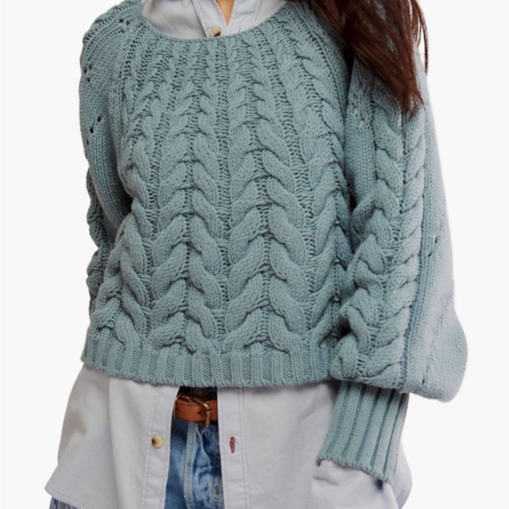 Free People Seafoam Cable Knit Crewneck Sweater